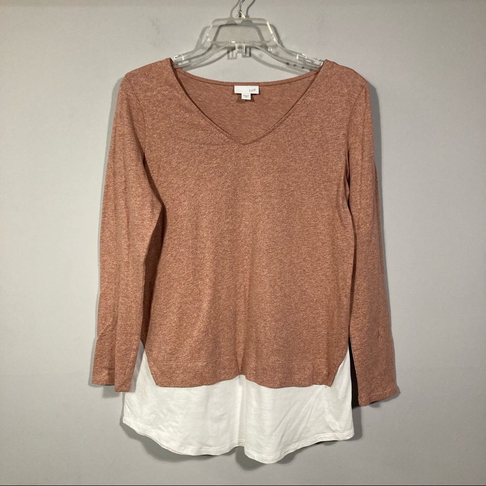 J Jill Dark Ginger 100% Cotton V Neck Layered Long Sleeve Tee Shirt Tunic Sz XS